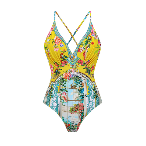 V-neck Straps Bougainville Print Swimsuit Set(s)	