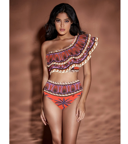 One Shoulder Ruffle Printed Bikini Swimsuit and Skirt