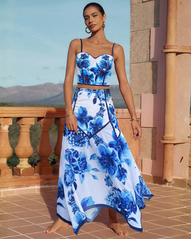 Floral Series Pattern Print Bikini Swimsuit and Skirt