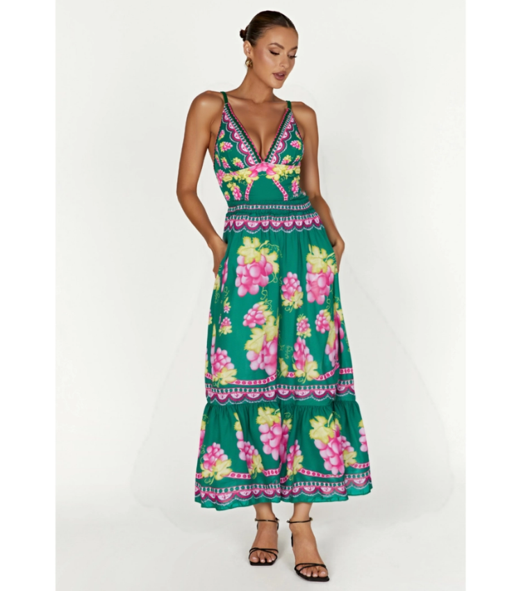 Deep V Retro Green Grapes Print One Piece Swimsuit and Skirt	
