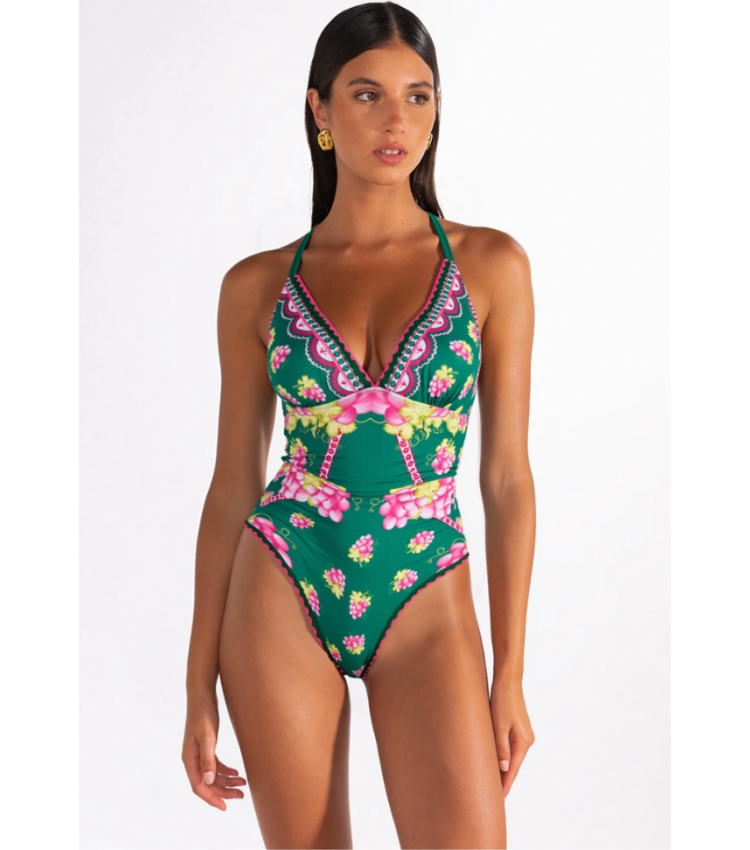 Deep V Retro Green Grapes Print One Piece Swimsuit and Skirt	