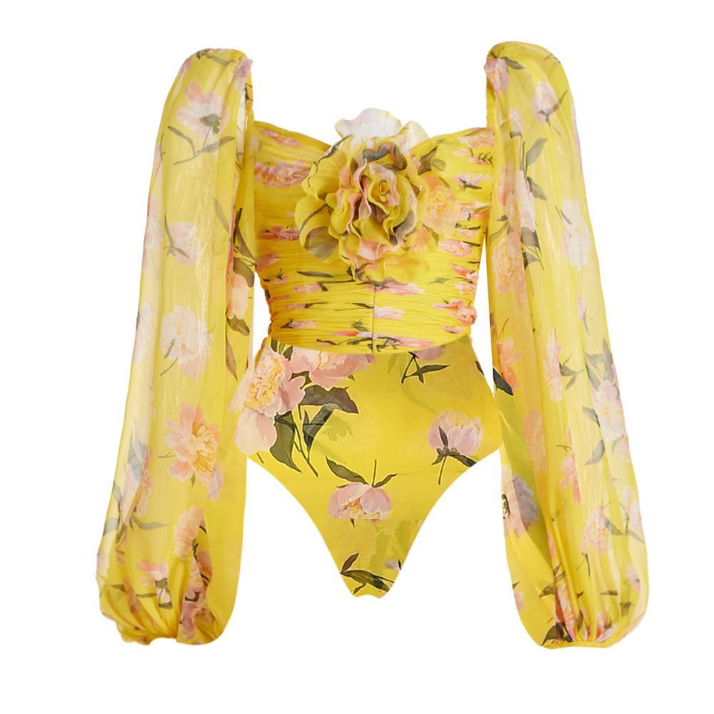 3D Flower Shirring Printed Chiffon Long Sleeves One Piece Swimsuit and Skirt	