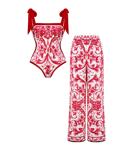 Reversible Tie-shoulder Baroco Style Printed One Piece Swimsuit and Skirt