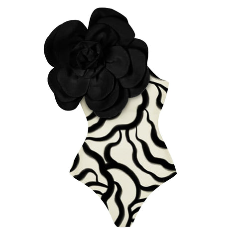 3D Flower Printed One Piece Swimsuit and Skirt