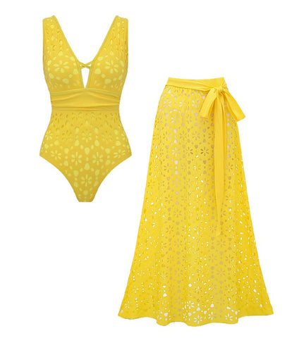 Yellow Color Laser Cutting Flower Hollow One Piece Swimsuit and Skirt	
