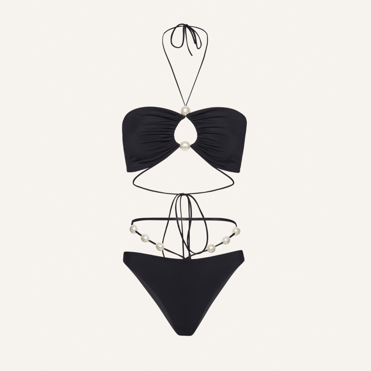 Halterneck Pearl Bandeau High Waist Bikini Swimsuit and Sarong	