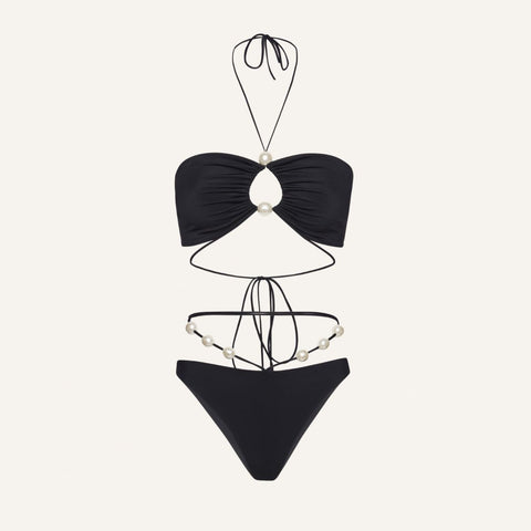 Halterneck Pearl Bandeau High Waist Bikini Swimsuit and Sarong	