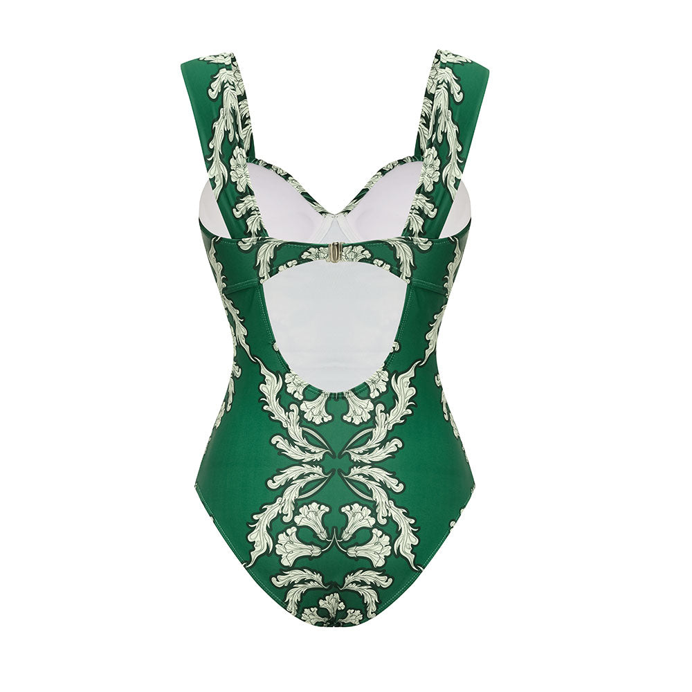 Sling Underwired Shirring Printed One Piece Swimsuit and Skirt	