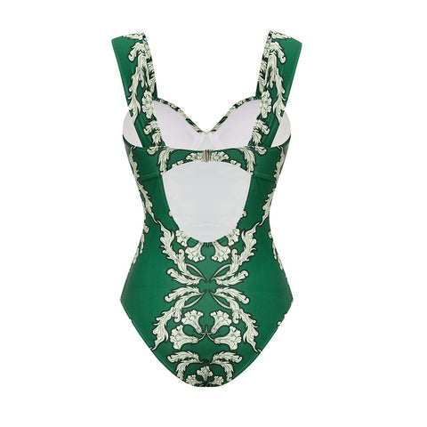 Sling Underwired Shirring Printed One Piece Swimsuit and Skirt	