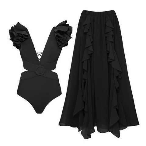 Deep V Cut Out One Piece Swimsuit and Skirt