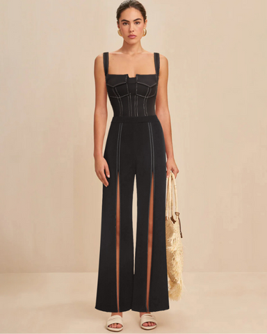 Black Pocket One Piece Swimsuit and Slit Pant