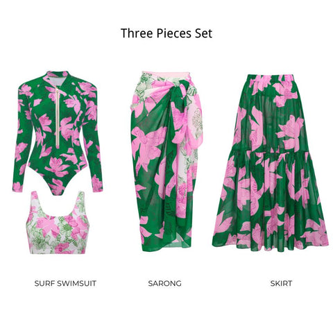 Zipper Printed Long Sleeve Rashguard Swimsuit Set(s)