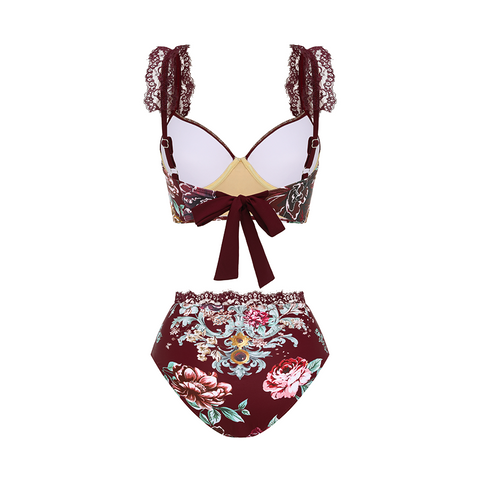 Lace Decoration Peony Print Swimsuit Set(s)	