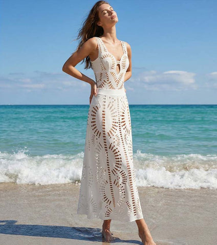 Laser White Hollow Out One Piece Swimsuit and Skirt