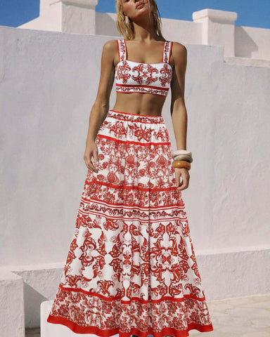 Red Flower Totem Pattern Print Bikini and Skirt	