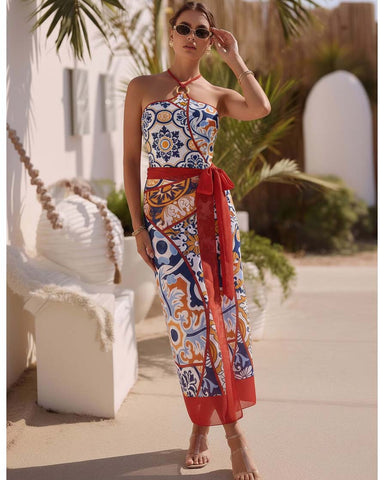 Printed Halter One Piece Swimsuit and Sarong