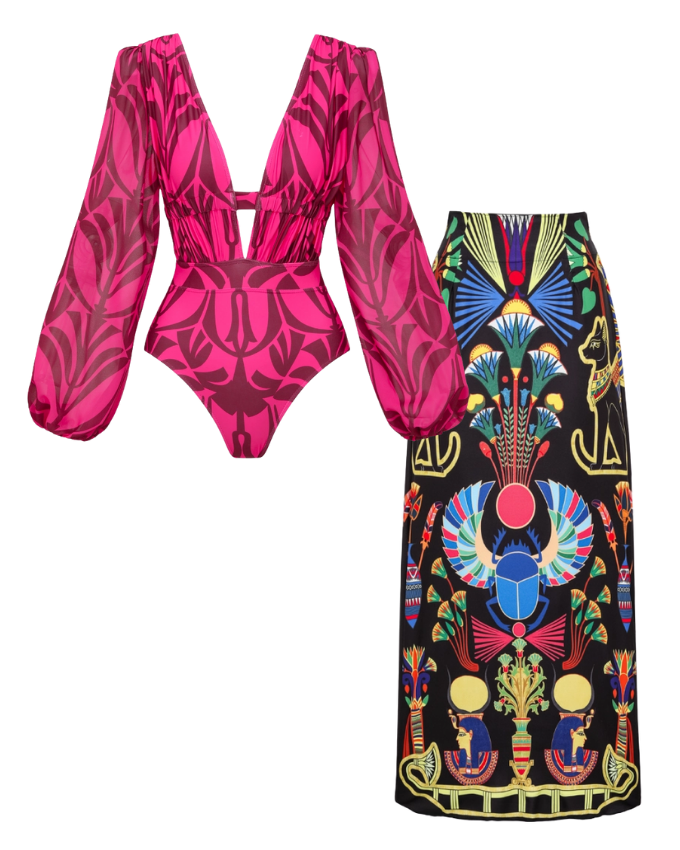 Rose Red Pattern Print Long-sleeved One Piece Swimsuit and Skirt	