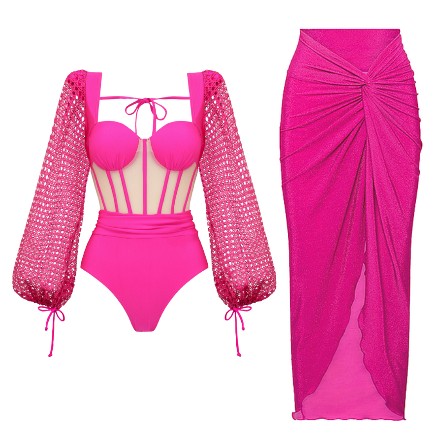 Mesh Hollow Long-sleeved Net Yarn Splicing One Piece Swimsuit and sarong