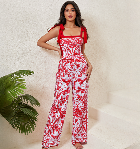 Reversible Tie-shoulder Baroco Style Printed One Piece Swimsuit and Skirt