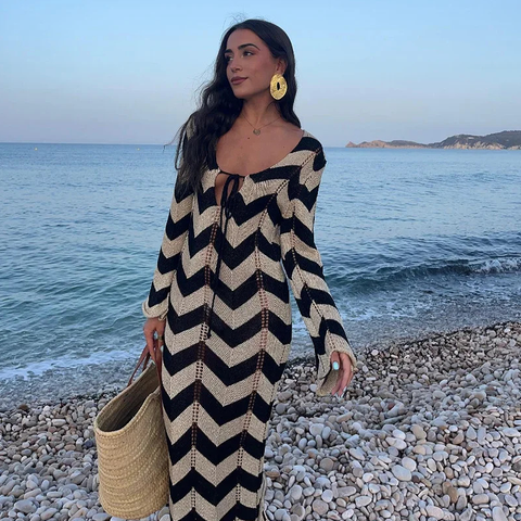 Lace Up Striped Print  Dress