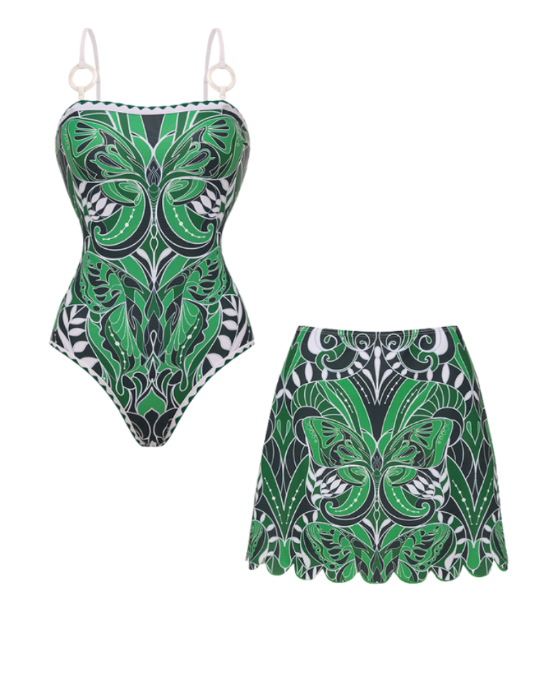 Butterfly Printed One Piece Swimsuit and Skirt or Pants