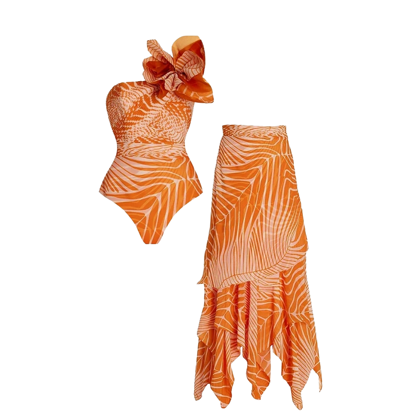 3D Flower Printed One Piece Swimsuit and Skirt