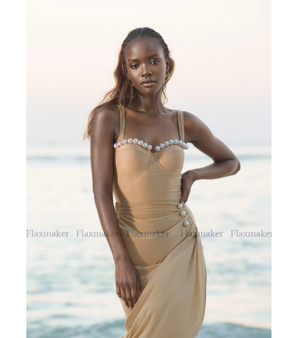 Shiny Fabric Sling Pearl Decor Light Golden One Piece Swimsuit and Skirt