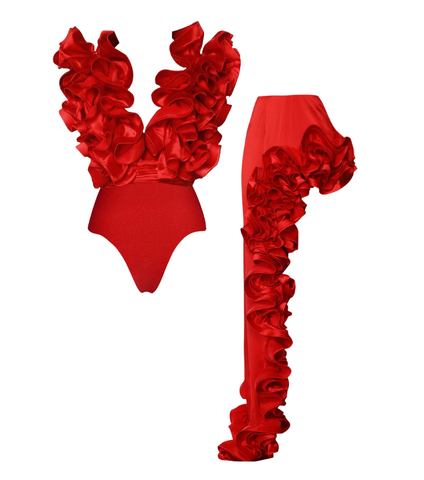 Frilled V Neck Red One Piece Swimsuit and Skirt