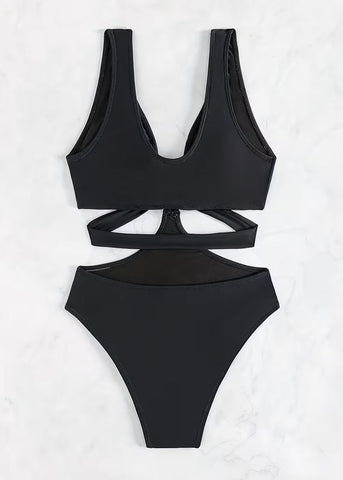 Sexy Metal O Ring Linked Cutout Low Cut One Piece Swimsuit