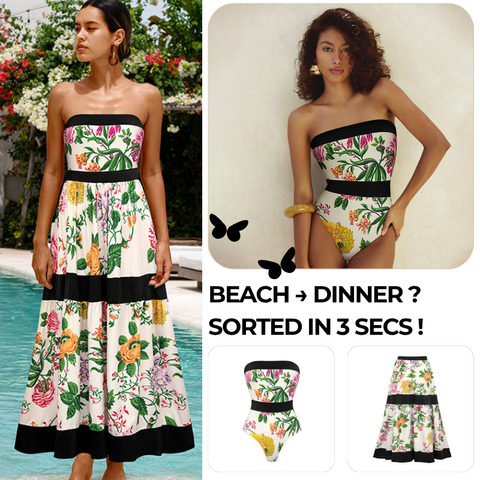 Off Shoulder Back Bow Tie Color Block Printed One Piece Swimsuit and Skirt Flaxmaker	