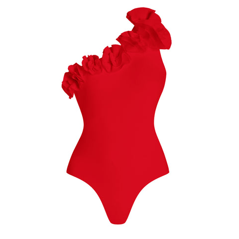One Shoulder 3D Flower Red Solid Color One Piece Swimsuit and Skirt