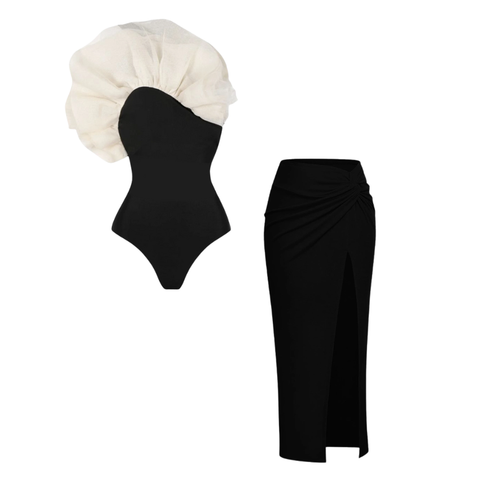 Net Yarn Ruffle One Piece Swimsuit and Skirt