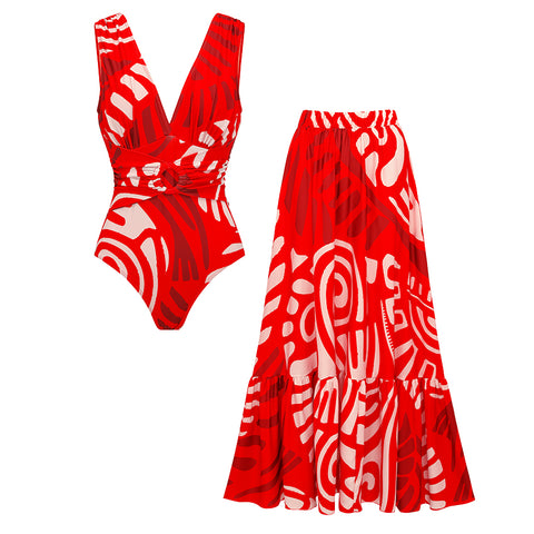 V Neck Red Ring Decorate Printed Swimsuit Set(s)	