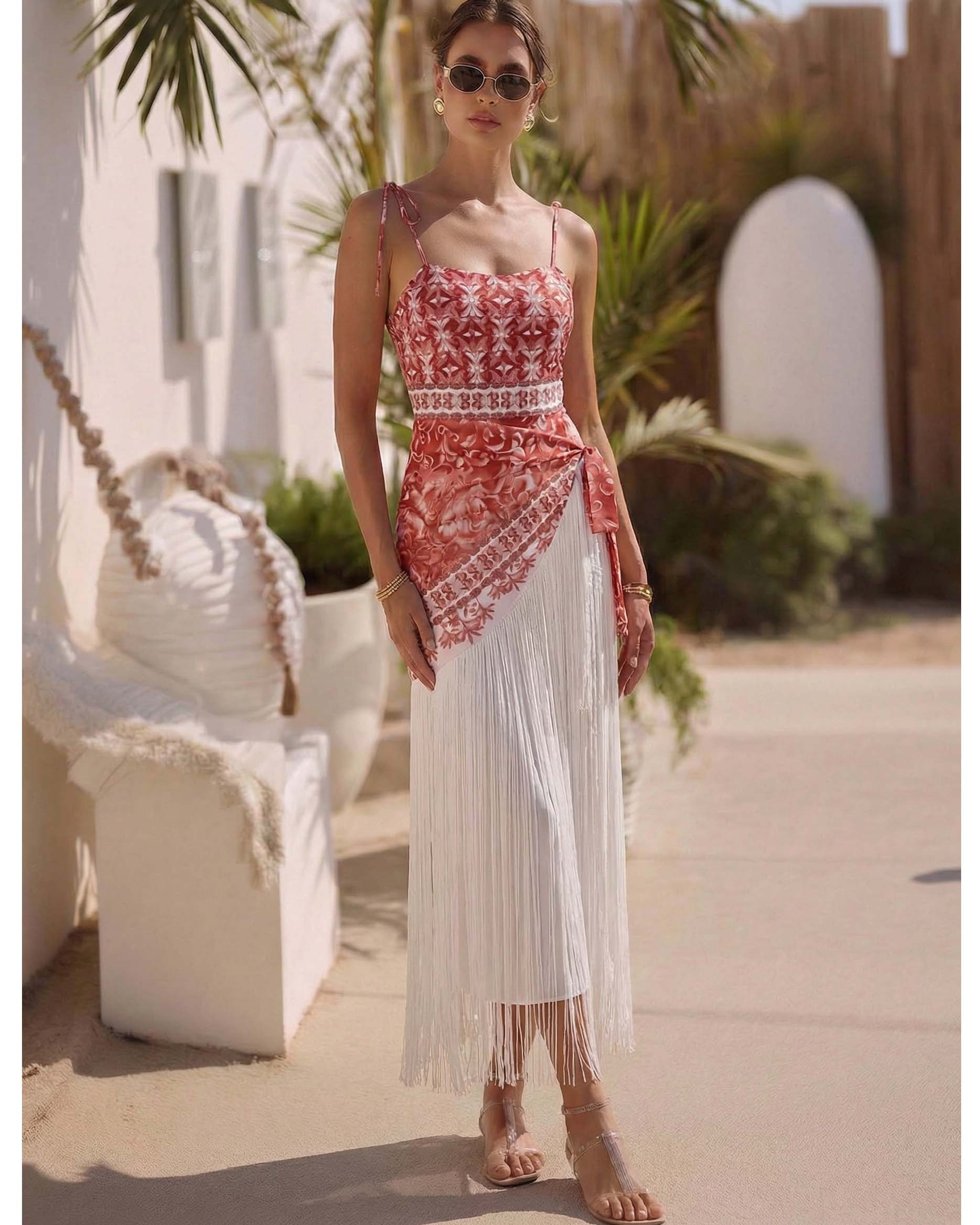 Tie-up Retro Forest Print One Piece Swimsuit and Skirt	