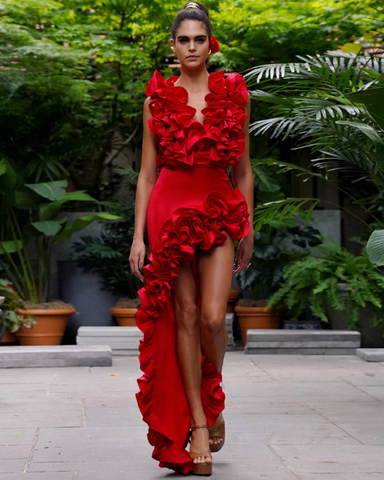 Frilled V Neck Red One Piece Swimsuit and Skirt