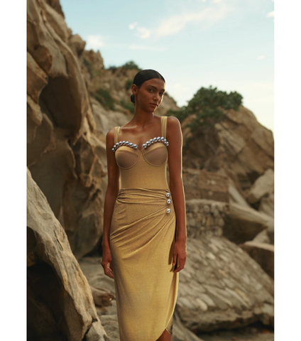 Shiny Fabric Sling Pearl Decor Light Golden One Piece Swimsuit and Skirt
