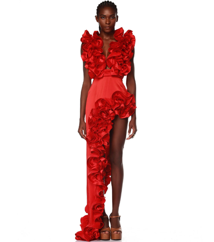 Frilled V Neck Red One Piece Swimsuit and Skirt