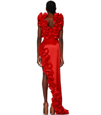 Frilled V Neck Red One Piece Swimsuit and Skirt