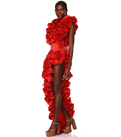 Frilled V Neck Red One Piece Swimsuit and Skirt