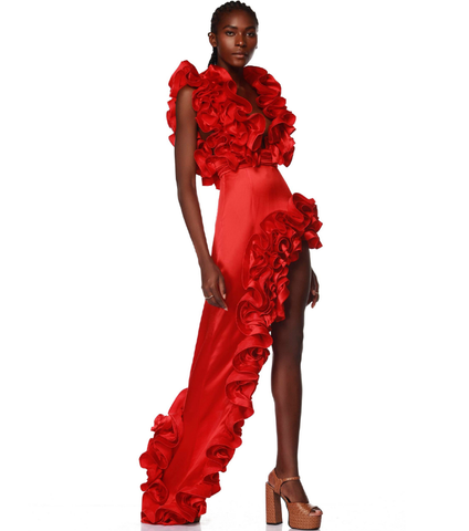 Frilled V Neck Red One Piece Swimsuit and Skirt