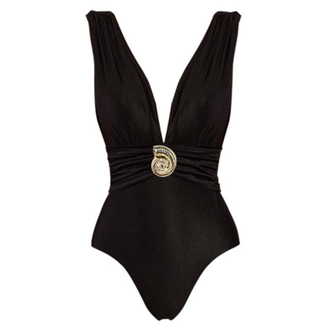 Black V-Neck Conch Decoration One Piece Swimsuit and sarong