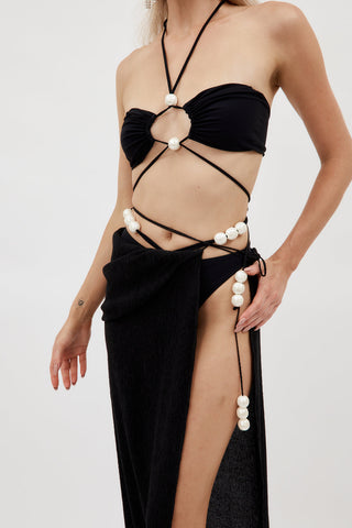 Pearl Detail Halter Lace Up Sexy Bikini Swimsuit and Sarong