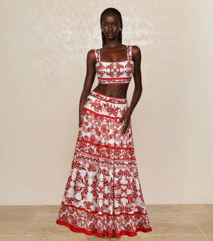 Red Flower Totem Pattern Print Bikini and Skirt	