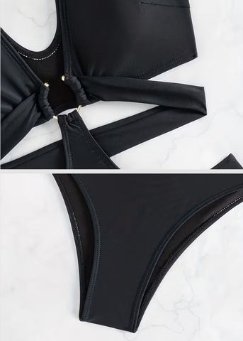 Sexy Metal O Ring Linked Cutout Low Cut One Piece Swimsuit