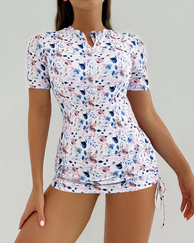 Women's Short Sleeve Swimsuit Zip One Piece Swimdress