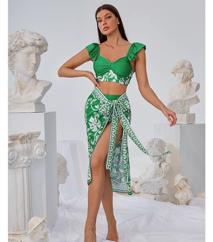 Ruffle Green Bikini Swimsuit and Sarong