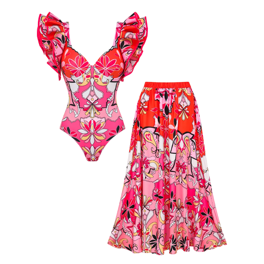 Ruffle Sleeves Red and Pink Pattern One Piece Swimsuit and Skirt	