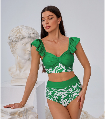 Ruffle Green Bikini Swimsuit and Sarong
