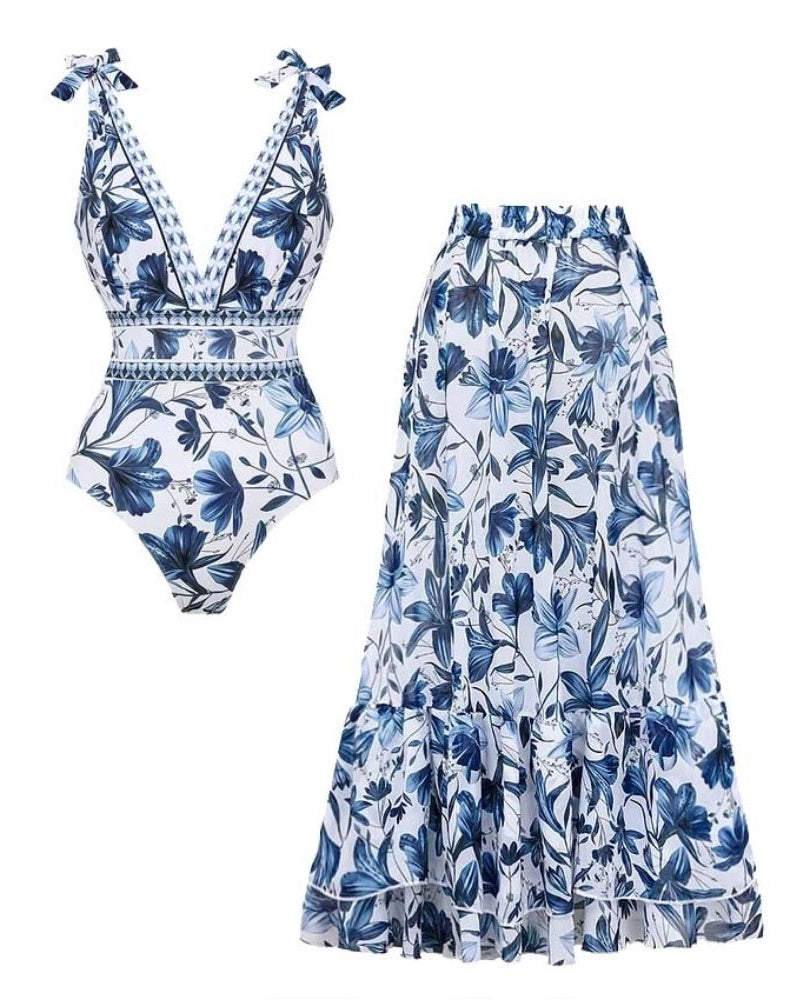 V Neck Lace Up Printed One Piece Swimsuit and Skirt	