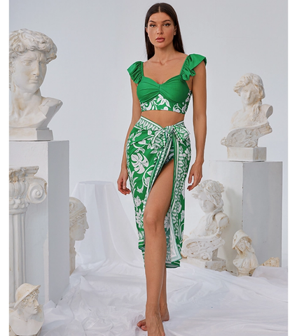 Ruffle Green Bikini Swimsuit and Sarong
